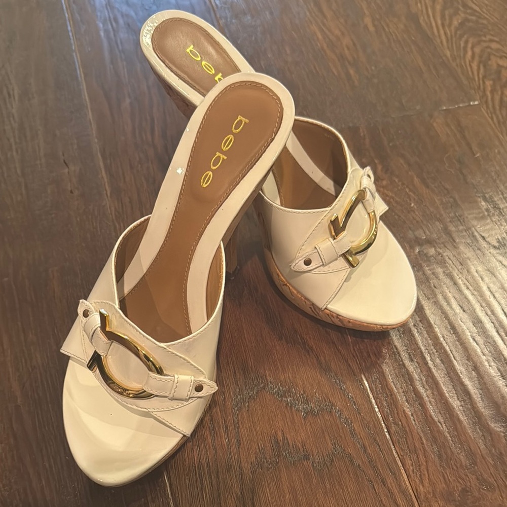 Bebe Cream and Gold High Heel Mules